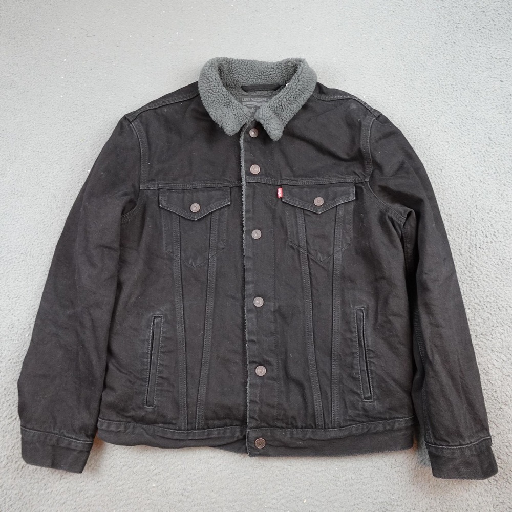 Levi's Jacket Mens Large Black Denim Sherpa Trucker Fleece Lined Snap Pockets